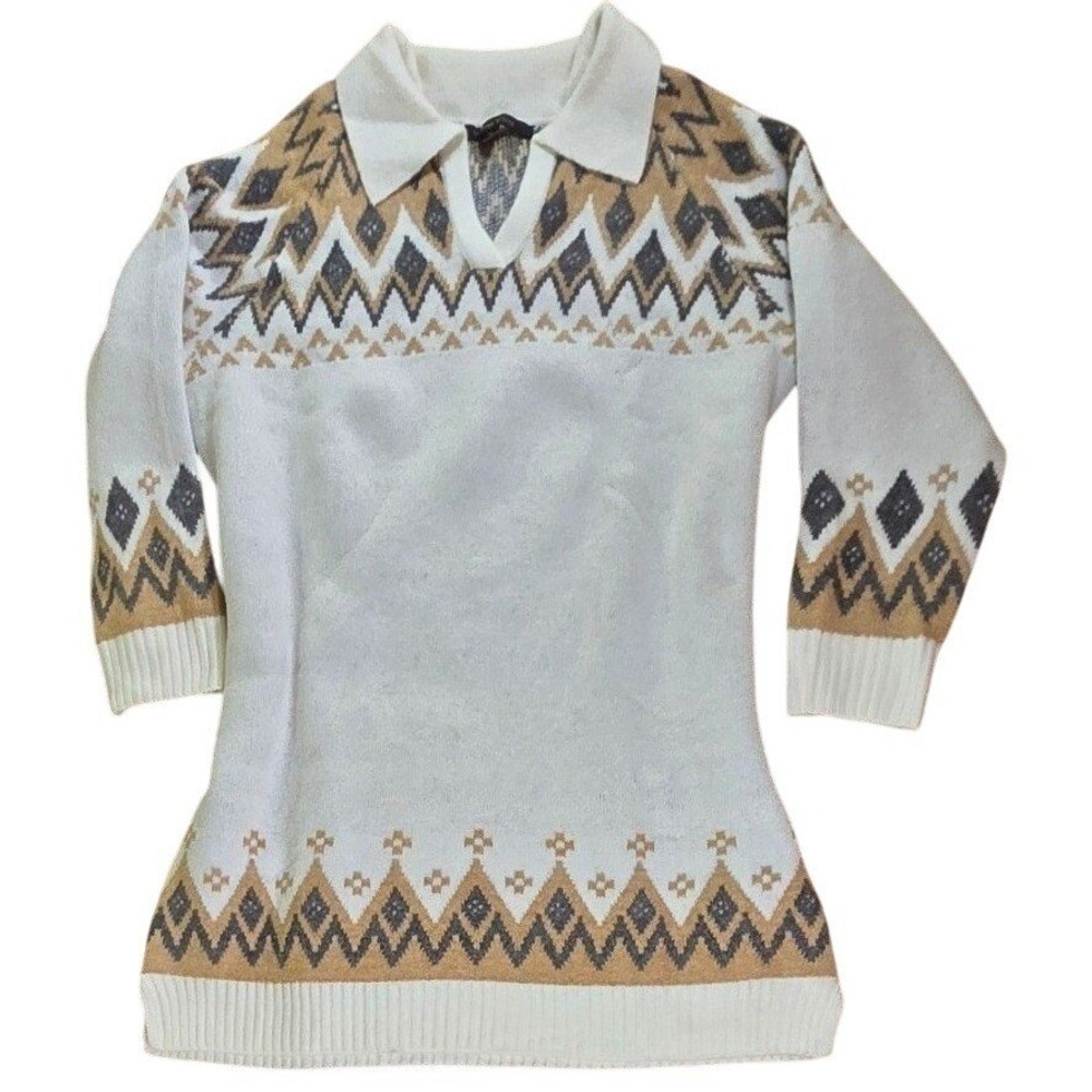 $79 NWOT CYNTHIA STEFFE‎ fair isle sweater dress XL neutral apres ski collar - Picture 5 of 6